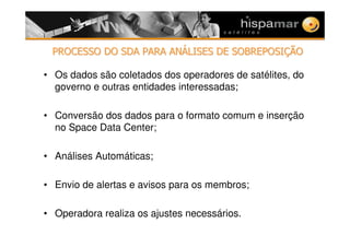 PROCESSO DO SDA PARA ANPROCESSO DO SDA PARA ANÁÁLISES DE SOBREPOSILISES DE SOBREPOSIÇÇÃOÃO
• Os dados são coletados dos operadores de satélites, do
governo e outras entidades interessadas;
• Conversão dos dados para o formato comum e inserção
no Space Data Center;
• Análises Automáticas;
• Envio de alertas e avisos para os membros;
• Operadora realiza os ajustes necessários.
 