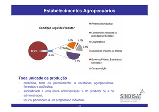 13
Estabelecimentos Agropecuários
Fonte: IBGE Censo Agropecuário 2006
Toda unidade de produção
• dedicada, total ou parcialmente, a atividades agropecuárias,
florestais e aqüícolas;
• subordinada a uma única administração: a do produtor ou a do
administrador.
• 95,7% pertencem a um proprietário individual.
 