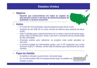 6
Estados Unidos
• Ações
– O Fundo de Universalização suporta programas para áreas rurais;
– Subsídio de até US$ 35 na conta mensal de telefone para pessoal de baixa
renda;
– US$ 7,2 bilhões para o desenvolvimento de um plano nacional de banda larga,
sendo US$ 2,5 bilhões para “áreas rurais sem o suficiente serviço banda larga
de alta velocidade;
– Chamada pública para selecionar os projetos onde serão alocados os
recursos;
– A primeira rodada de interessados contou com 2.187 propostas que juntas
somaram US$ 27,7 bilhões, sendo US$ 8,6 bilhões para atendimento de áreas
remotas.
• Papel do Satélite
– O satélite é utilizado no provimento de banda larga;
– Em Jun/08 existiam 800 mil acessos banda larga via satélite nos
Estados Unidos.
• Objetivo
– Garantir que consumidores em todas as regiões do
país tenham acesso a serviços de telecomunicações de
qualidade e a preços acessíveis.
 