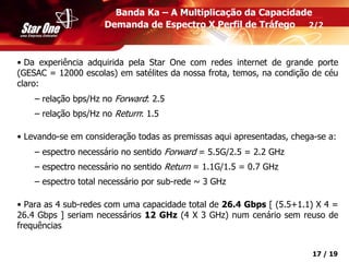 Confidencial 17 / 19
• Da experiência adquirida pela Star One com redes internet de grande porte
(GESAC = 12000 escolas) em satélites da nossa frota, temos, na condição de céu
claro:
– relação bps/Hz no Forward: 2.5
– relação bps/Hz no Return: 1.5
• Levando-se em consideração todas as premissas aqui apresentadas, chega-se a:
– espectro necessário no sentido Forward = 5.5G/2.5 = 2.2 GHz
– espectro necessário no sentido Return = 1.1G/1.5 = 0.7 GHz
– espectro total necessário por sub-rede ~ 3 GHz
• Para as 4 sub-redes com uma capacidade total de 26.4 Gbps [ (5.5+1.1) X 4 =
26.4 Gbps ] seriam necessários 12 GHz (4 X 3 GHz) num cenário sem reuso de
frequências
Banda Ka – A Multiplicação da Capacidade
Demanda de Espectro X Perfil de Tráfego 2/2
 
