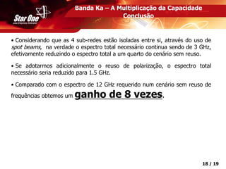 Confidencial 18 / 19
• Considerando que as 4 sub-redes estão isoladas entre si, através do uso de
spot beams, na verdade o espectro total necessário continua sendo de 3 GHz,
efetivamente reduzindo o espectro total a um quarto do cenário sem reuso.
• Se adotarmos adicionalmente o reuso de polarização, o espectro total
necessário seria reduzido para 1.5 GHz.
• Comparado com o espectro de 12 GHz requerido num cenário sem reuso de
frequências obtemos um ganho de 8 vezes.
Banda Ka – A Multiplicação da Capacidade
Conclusão
 