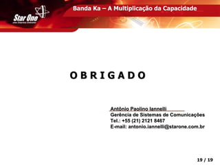 Confidencial 19 / 19
Banda Ka – A Multiplicação da Capacidade
O B R I G A D OO B R I G A D O
AntônioAntônio Paolino IannellPaolino Iannellii
Gerência de Sistemas de ComunicaçõesGerência de Sistemas de Comunicações
Tel.: +55 (21) 2121 8467Tel.: +55 (21) 2121 8467
EE--mailmail:: antonioantonio..iannelliiannelli@@staronestarone.com..com.brbr
 