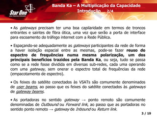 Confidencial 3 / 19
Banda Ka – A Multiplicação da Capacidade
Introdução 2/4
• As gateways precisam ter uma boa capilaridade em termos de troncos
entrantes e saintes de fibra ótica, uma vez que serão a porta de interface
para escoamento do tráfego internet com a Rede Pública.
• Espaçando-se adequadamente as gateways participantes da rede de forma
a haver isolação espacial entre as mesmas, pode-se fazer reuso do
espectro de frequências numa mesma polarização, um dos
principais benefícios trazidos pela Banda Ka, ou seja, tudo se passa
como se a rede fosse dividida em diversas sub-redes, cada uma operando
com uma gateway, sem onerar o espectro total de frequências da rede
(empacotamento de espectro).
• Os feixes do satélite conectados às VSATs são comumente denominados
de user beams, ao passo que os feixes do satélite conectados às gateways
de gateway beams.
• As portadoras no sentido gateway → ponto remoto são comumente
denominadas de Outbound ou Forward link, ao passo que as portadoras no
sentido ponto remoto → gateway de Inbound ou Return link.
 