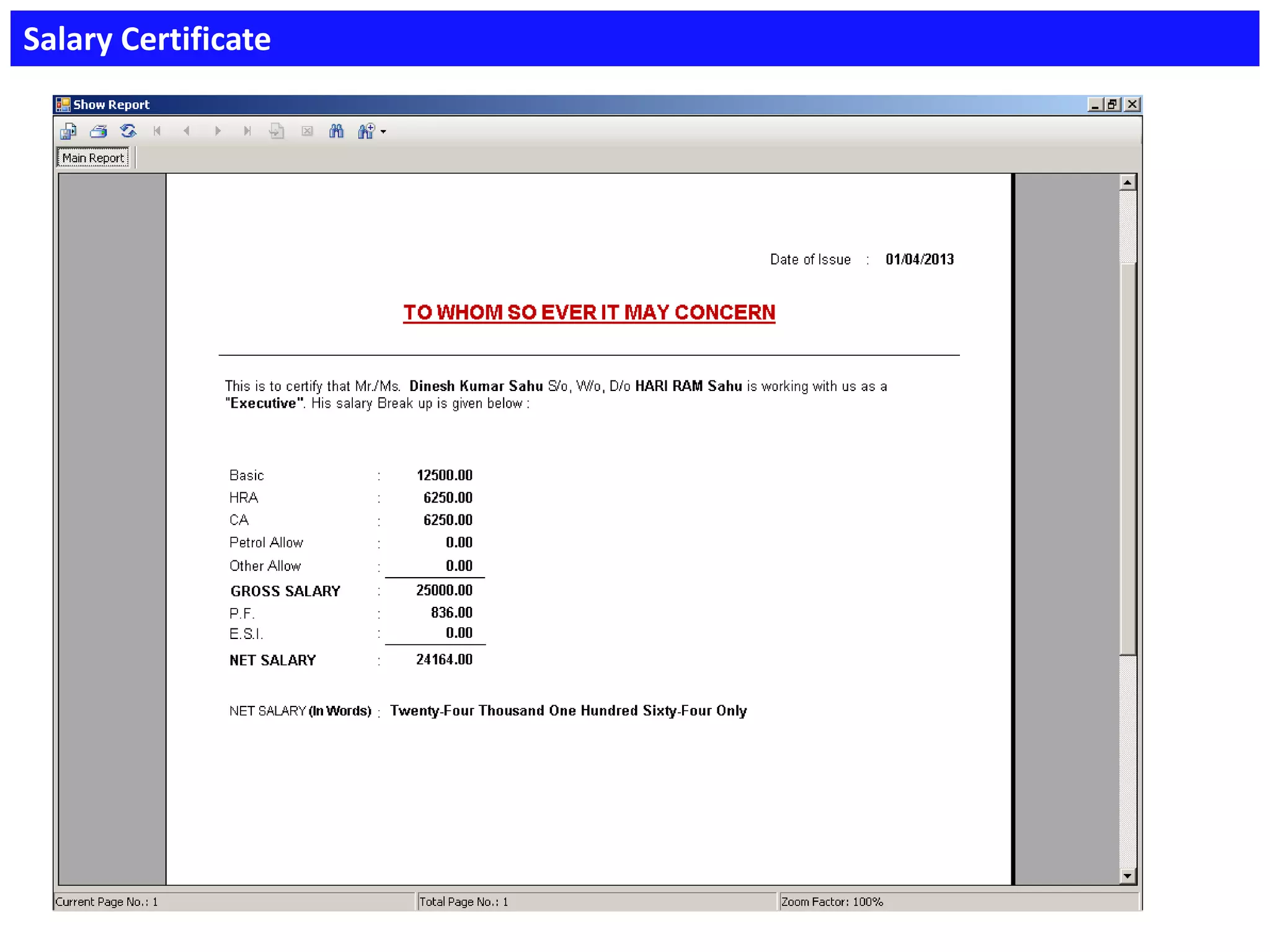 Salary Certificate
 