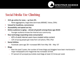 Social Media Use Climbing 31% go online for news – up from 2%  News aggregators, large sites dominate (MSNBC, Yahoo, CNN)  Valued for headlines, convenience Accessibility and speed are key  Online audience is aging – almost all growth among those age 25-64  Younger audience knows the Internet as a community New technology expanding news consumption 45% of adult internet users have created online content 13% of young people get news from cell phone, PDA, iPod Social Utilities Facebook users age 35+ increased 98% from May ’06 – May ‘07 Blogs Over the past 5 years, the number of times blogs and bloggers have been mentioned in major newspapers and magazines has increased 16 fold. 57 percent of surveyed journalists read blogs at least 2-3 times per week 
