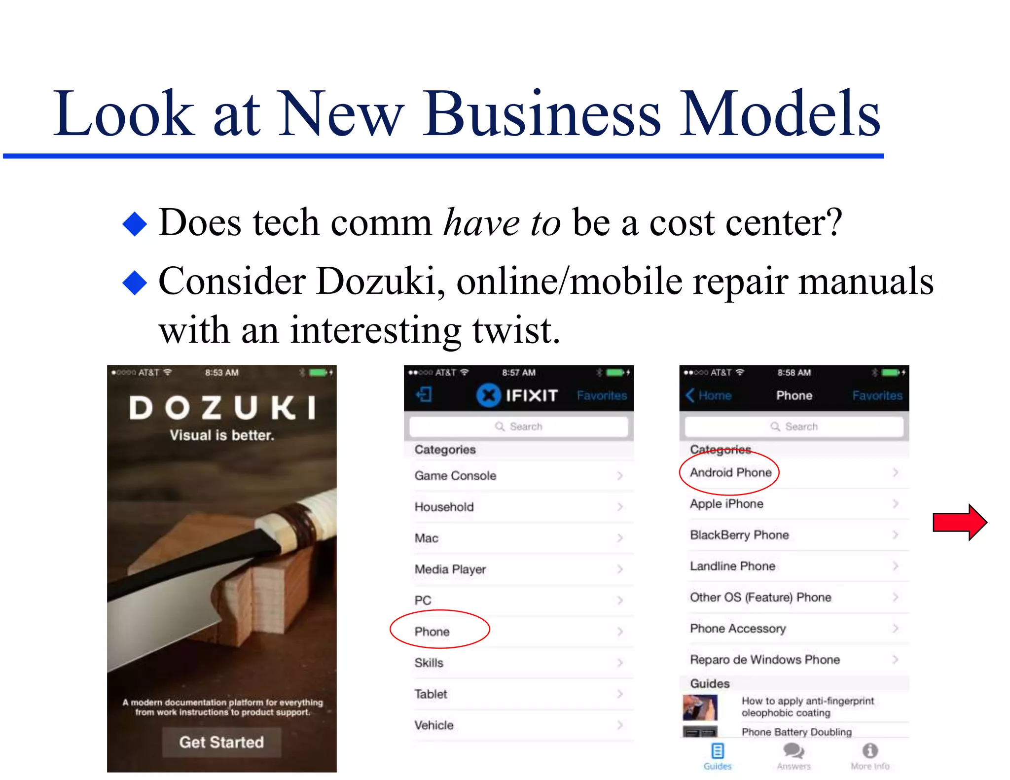 Look at New Business Models
 Does tech comm have to be a cost center?
 Consider Dozuki, online/mobile repair manuals
with an interesting twist.
 