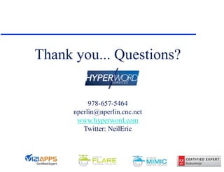 Thank you... Questions?
978-657-5464
nperlin@nperlin.cnc.net
www.hyperword.com
Twitter: NeilEric
 
