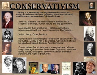 CONSERVATIVISM “ Society is a partnership not only between those who are living, but between those who are living, those who are dead, and those who are to be born."  -Edmund Burke Seeks to preserve the best aspects of society and is skeptical of change, human nature and the government More divided than are liberals – paleoconservatives, religious conservatives, neoconservatives, libertarians.... Value Liberty, Order,Tradition Human nature is unchanging. People with power are not to be trusted. Money is not to be wasted. Government should be small and limited. Strongly Anti-Communist Conservatives favor low taxes, a strong national defense, tough laws against crime, free market capitalism, traditional family values, are against abortion but favor the death penalty & the Right to Bear Arms 