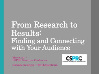 From Research to
Results:
Finding and Connecting
with Your Audience
May 9, 2017
CSPRC Spectrum Conference
@kimberlysinger | #STLSpectrum
 