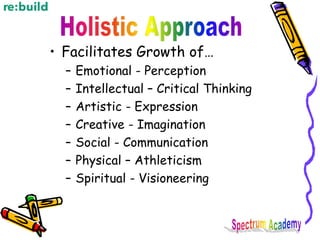 • Facilitates Growth of…
– Emotional - Perception
– Intellectual – Critical Thinking
– Artistic - Expression
– Creative - Imagination
– Social - Communication
– Physical – Athleticism
– Spiritual - Visioneering
 