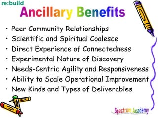 • Peer Community Relationships
• Scientific and Spiritual Coalesce
• Direct Experience of Connectedness
• Experimental Nature of Discovery
• Needs-Centric Agility and Responsiveness
• Ability to Scale Operational Improvement
• New Kinds and Types of Deliverables
 