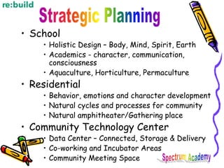 • School
• Holistic Design – Body, Mind, Spirit, Earth
• Academics - character, communication,
consciousness
• Aquaculture, Horticulture, Permaculture
• Residential
• Behavior, emotions and character development
• Natural cycles and processes for community
• Natural amphitheater/Gathering place
• Community Technology Center
• Data Center – Connected, Storage & Delivery
• Co-working and Incubator Areas
• Community Meeting Space
 