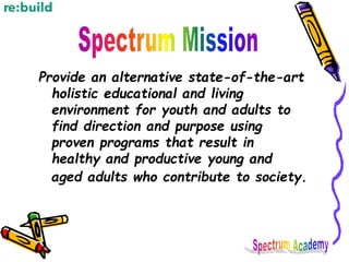 Provide an alternative state-of-the-art
holistic educational and living
environment for youth and adults to
find direction...