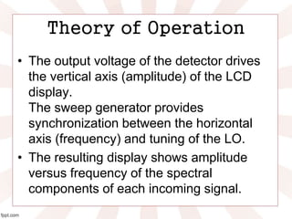Theory of Operation
• The output voltage of the detector drives
the vertical axis (amplitude) of the LCD
display.
The sweep generator provides
synchronization between the horizontal
axis (frequency) and tuning of the LO.
• The resulting display shows amplitude
versus frequency of the spectral
components of each incoming signal.
 