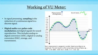 Working of VU Meter:
• In signal processing, sampling is the
reduction of a continuous signal to a
discrete signal.
• Digital audio uses pulse-code
modulation and digital signals for sound
reproduction. This includes analog-to-
digital conversion (ADC), digital-to-analog
conversion (DAC), storage, and
transmission.
 