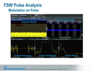 FSW Pulse Analysis
  Modulation on Pulse

                                                           Numerical Results
           Capture Buffer




     Pulse Frequency               Pulse Amplitude                        Pulse Phase




               February 2013| Spectrum Analyzer Fundamentals - Advanced | 106
 
