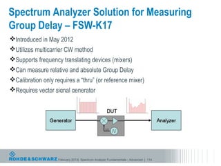 Spectrum Analyzer Solution for Measuring
Group Delay – FSW-K17
Introduced in May 2012
Utilizes multicarrier CW method
Supports frequency translating devices (mixers)
Can measure relative and absolute Group Delay
Calibration only requires a “thru” (or reference mixer)
Requires vector signal generator




                    February 2013| Spectrum Analyzer Fundamentals - Advanced | 114
 