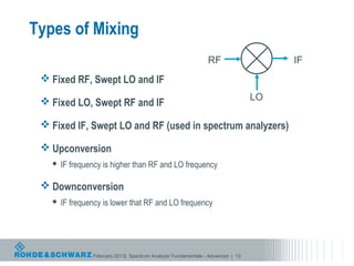 Types of Mixing
                                                               RF                    IF
  Fixed RF, Swept LO and IF

  Fixed LO, Swept RF and IF                                                    LO

  Fixed IF, Swept LO and RF (used in spectrum analyzers)

  Upconversion
      IF frequency is higher than RF and LO frequency

  Downconversion
      IF frequency is lower that RF and LO frequency




                February 2013| Spectrum Analyzer Fundamentals - Advanced | 13
 