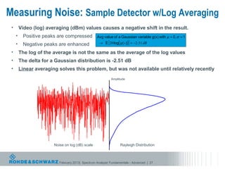 Measuring Noise: Sample Detector w/Log Averaging
 •       Video (log) averaging (dBm) values causes a negative shift in the result.
     •    Positive peaks are compressed            Avg value of a Gaussian variable g(x) with µ = 0, σ = 1
     •    Negative peaks are enhanced               → E [ 20 log( g ( x ) ) ] = −2.51 dB

 •       The log of the average is not the same as the average of the log values
 •       The delta for a Gaussian distribution is -2.51 dB
 •       Linear averaging solves this problem, but was not available until relatively recently
                                                             Amplitude




                        Noise on log (dB) scale                    Rayleigh Distribution



                           February 2013| Spectrum Analyzer Fundamentals - Advanced | 27
 