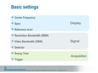 Basic settings
 Center Frequency

 Span                                                                       Display
 Reference level

 Resolution Bandwidth (RBW)

 Video Bandwidth (VBW)                                                      Signal
 Detector

 Sweep Time
                                                                             Acquisition
 Trigger


             February 2013| Spectrum Analyzer Fundamentals - Advanced | 44
 