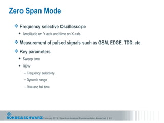Zero Span Mode
  Frequency selective Oscilloscope
      Amplitude on Y axis and time on X axis

  Measurement of pulsed signals such as GSM, EDGE, TDD, etc.
  Key parameters
      Sweep time
      RBW
       – Frequency selectivity
       – Dynamic range
       – Rise and fall time




                      February 2013| Spectrum Analyzer Fundamentals - Advanced | 63
 