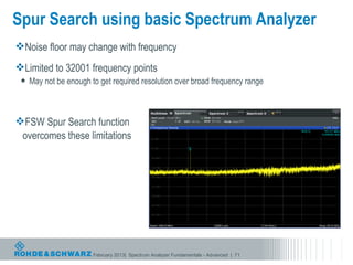 Spur Search using basic Spectrum Analyzer
Noise floor may change with frequency
Limited to 32001 frequency points
    May not be enough to get required resolution over broad frequency range



FSW Spur Search function
 overcomes these limitations




                        February 2013| Spectrum Analyzer Fundamentals - Advanced | 71
 