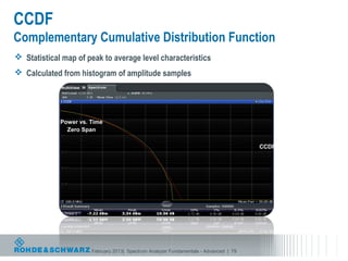 CCDF
Complementary Cumulative Distribution Function
 Statistical map of peak to average level characteristics
 Calculated from histogram of amplitude samples




             Power vs. Time
               Zero Span

                                                                                       CCDF




                       February 2013| Spectrum Analyzer Fundamentals - Advanced | 79
 