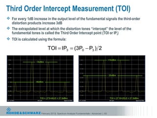 Third Order Intercept Measurement (TOI)
 For every 1dB increase in the output level of the fundamental signals the third-order
  distortion products increase 3dB
 The extrapolated level at which the distortion tones “intercept” the level of the
  fundamental tones is called the Third Order Intercept point (TOI or IP3)
 TOI is calculated using the formula:

                             TOI = IP3 = (3P0 − P3 ) 2

                                                                                       +10dBm
                   +5dBm




                                                                                       - 25dBm

                  - 40dBm




                      TOI = (3*5+40)/2 = 27.5dBm                                        TOI = (3*10+25)/2 = 27.5dBm




                       February 2013| Spectrum Analyzer Fundamentals - Advanced | 83
 