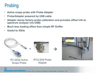 Probing
•   Active scope probe with Probe Adapter
•   Probe/Adapter powered by USB cable
•   Adapter stores factory probe calibration and provides offset info to
    spectrum analyzer (via USB)
•   Much less loading effect than simple RF Sniffer
•   Useful to 3GHz




                         +                                   

      RT-ZS30 Active            RTO-ZA9 Probe
       Scope Probe                 Adapter


                     February 2013| Spectrum Analyzer Fundamentals - Advanced | 89
 