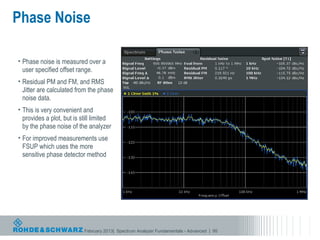 Phase Noise

• Phase noise is measured over a
  user specified offset range.
• Residual PM and FM, and RMS
  Jitter are calculated from the phase
  noise data.
• This is very convenient and
  provides a plot, but is still limited
  by the phase noise of the analyzer
• For improved measurements use
  FSUP which uses the more
  sensitive phase detector method




                           February 2013| Spectrum Analyzer Fundamentals - Advanced | 95
 