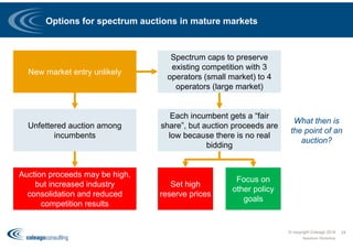 Options for spectrum auctions in mature markets
© copyright Coleago 2016
Spectrum Workshop
24
New market entry unlikely
Each incumbent gets a “fair
share”, but auction proceeds are
low because there is no real
bidding
Set high
reserve prices
Unfettered auction among
incumbents
Auction proceeds may be high,
but increased industry
consolidation and reduced
competition results
Spectrum caps to preserve
existing competition with 3
operators (small market) to 4
operators (large market)
Focus on
other policy
goals
What then is
the point of an
auction?
 