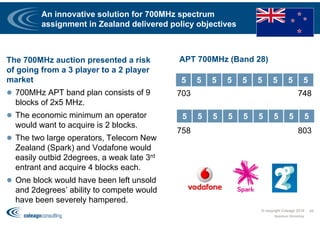 An innovative solution for 700MHz spectrum
assignment in Zealand delivered policy objectives
The 700MHz auction presented a risk
of going from a 3 player to a 2 player
market
 700MHz APT band plan consists of 9
blocks of 2x5 MHz.
 The economic minimum an operator
would want to acquire is 2 blocks.
 The two large operators, Telecom New
Zealand (Spark) and Vodafone would
easily outbid 2degrees, a weak late 3rd
entrant and acquire 4 blocks each.
 One block would have been left unsold
and 2degrees’ ability to compete would
have been severely hampered.
© copyright Coleago 2016
Spectrum Workshop
49
5 5 5 5 5 5 5 5 5
5 5 5 5 5 5 5 5 5
APT 700MHz (Band 28)
703 748
758 803
 