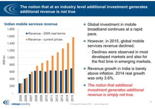 The notion that at an industry level additional investment generates
additional revenue is not true
 Global investment in mobile
broadband continues at a rapid
pace.
 However, in 2015, global mobile
services revenue declined.
– Declines were observed in most
developed markets and also for
the first time in emerging markets.
 Revenue growth in India is barely
above inflation. 2014 real growth
was only 3.6%.
 The notion that additional
investment generates additional
revenue is simply not true.
© Copyright Coleago 2016 - www.coleago.com
20
Indian mobile services revenue
-
200
400
600
800
1,000
1,200
1,400
1,600
1,800
2005
2006
2007
2008
2009
2010
2011
2012
2013
2014
2015
INRbn
Revenue - 2005 real terms
Revenue - current prices
 