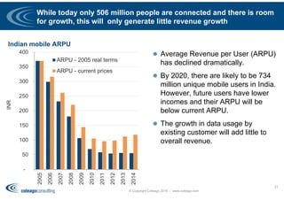 While today only 506 million people are connected and there is room
for growth, this will only generate little revenue growth
 Average Revenue per User (ARPU)
has declined dramatically.
 By 2020, there are likely to be 734
million unique mobile users in India.
However, future users have lower
incomes and their ARPU will be
below current ARPU.
 The growth in data usage by
existing customer will add little to
overall revenue.
© Copyright Coleago 2016 - www.coleago.com
21
Indian mobile ARPU
-
50
100
150
200
250
300
350
400
2005
2006
2007
2008
2009
2010
2011
2012
2013
2014
INR
ARPU - 2005 real terms
ARPU - current prices
 