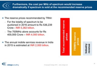 Furthermore, the cost per MHz of spectrum would increase
dramatically if spectrum is sold at the recommended reserve prices
 The reserve prices recommended by TRAI:
– For the totality of spectrum to be
auctioned in 2016 amount to Rs 536,239
Crore - INR 5,362 billion.
– The 700MHz alone accounts for Rs
400,000 Crore – INR 4,000 billion.
 The annual mobile services revenue in India
in 2015 is estimated at INR 2,000 billion.
© Copyright Coleago 2016 - www.coleago.com
35Totalrecommendedreserve
prices
700MHzreserve
prices
Industry
revenue
 