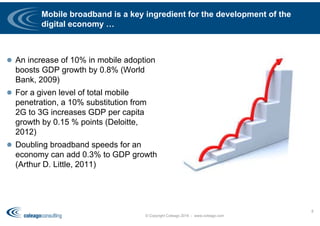 Mobile broadband is a key ingredient for the development of the
digital economy …
 An increase of 10% in mobile adoption
boosts GDP growth by 0.8% (World
Bank, 2009)
 For a given level of total mobile
penetration, a 10% substitution from
2G to 3G increases GDP per capita
growth by 0.15 % points (Deloitte,
2012)
 Doubling broadband speeds for an
economy can add 0.3% to GDP growth
(Arthur D. Little, 2011)
© Copyright Coleago 2016 - www.coleago.com
8
 