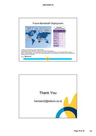 AWF-9/INP-70




                         Future Bandwidth Deployment




1 Usable spectrum blocks for product implementation.
2 IMT extension 2500 to 2690 MHz, 70 MHz+70 MHz FDD in most countries.
3 Digital dividend; Region 1 (Europe, Middle East and Africa) 790-862 MHz, Region 2 (Americas) 698-806 MHz. Region 3
(Asia) – some 698-790 MHz (e.g. China, India, Japan, Bangladesh, Korea, New Zealand, Papua New Guinea, Philippines and
Singapore) others 790-806 MHz

Source:

                                                        18




                                        Thank You

                            hamdani2@telkom.co.id




                                                                                                                    Page 10 of 10   10
 