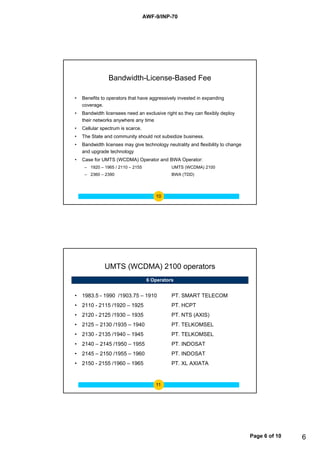 AWF-9/INP-70




                Bandwidth-License-Based Fee

•   Benefits to operators that have aggressively invested in expanding
    coverage.
•   Bandwidth licensees need an exclusive right so they can flexibly deploy
    their networks anywhere any time
•   Cellular spectrum is scarce.
•   The State and community should not subsidize business.
•   Bandwidth licenses may give technology neutrality and flexibility to change
    and upgrade technology
•   Case for UMTS (WCDMA) Operator and BWA Operator:
     – 1920 – 1965 / 2110 – 2155              UMTS (WCDMA) 2100
     – 2360 – 2390                            BWA (TDD)




                                       10




              UMTS (WCDMA) 2100 operators
                                    6 Operators


• 1983 5 - 1990 /1903 75 – 1910
  1983.5        /1903.75                      PT.
                                              PT SMART TELECOM
• 2110 - 2115 /1920 – 1925                    PT. HCPT
• 2120 - 2125 /1930 – 1935                    PT. NTS (AXIS)
• 2125 – 2130 /1935 – 1940                    PT. TELKOMSEL
• 2130 - 2135 /1940 – 1945                    PT. TELKOMSEL
• 2140 – 2145 /1950 – 1955                    PT.
                                              PT INDOSAT
• 2145 – 2150 /1955 – 1960                    PT. INDOSAT
• 2150 - 2155 /1960 – 1965                    PT. XL AXIATA


                                       11




                                                                                  Page 6 of 10   6
 
