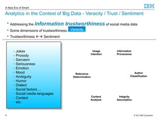 A New Era of Smart 
Analytics in the Context of Big Data - Veracity / Trust / Sentiment 
 Addressing the information trustworthiness of social media data 
 Some dimensions of trustworthiness / 
 Trustworthiness  Sentiment 
– Jokes 
– Prosody 
– Sarcasm 
– Seriousness 
– Emotion 
– Mood 
– Ambiguity 
– Humor 
– Dialect 
– Social factors … 
– Social media languages 
– Context 
– etc. 
VVeerraacciittyy 
Information 
Provenance 
Author 
Classification 
Integrity 
Assumption 
Usage 
Intention 
Content 
Analysis 
Relevance 
Determination 
© 2013 14 IBM Corporation 
 
