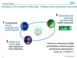 A New Era of Smart 
Analytics in the Context of Big Data - Watson drives optimized outcomes 
Generates and 
evaluates 
hypothesis for 
better outcomes 
99% 
60% 
10% 
Understands 
natural 
language and 
human speech 
Adapts and 
Learns from 
user selections 
and responses 
3 
2 
1 
…built on a massively parallel 
probabilistic evidence-based 
architecture optimized for 
Linux on POWER7+ 
© 2013 16 IBM Corporation 
 
