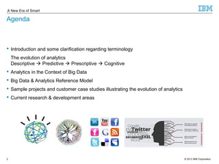 A New Era of Smart 
Agenda 
 Introduction and some clarification regarding terminology 
The evolution of analytics 
Descriptive  Predictive  Prescriptive  Cognitive 
 Analytics in the Context of Big Data 
 Big Data & Analytics Reference Model 
 Sample projects and customer case studies illustrating the evolution of analytics 
 Current research & development areas 
© 2013 2 IBM Corporation 
 