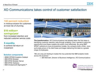 A New Era of Smart 
XO Communications takes control of customer satisfaction 
142 percent reduction 
in revenue erosion for customers 
at most risk of churning 
$10 million+ 
savings/year 
from increased retention and 
reduced customer service costs 
5 months 
to achieve full return on 
investment 
Solution components 
The transformation: XO Communications had already taken the first steps in 
identifying customer retention risks through analytics; now it wanted to seize the 
opportunity to put these insights into action more effectively. By using IBM® 
SPSS® solutions to hone its predictive models, the company built a richer, more 
up-to-date picture of its client base and began delivering this data to a greater 
range of employees. 
“We are only just starting to realize the true potential that IBM analytics holds 
across the business.” 
• IBM® SPSS® Analytics Catalyst — Bill Helmrath, Director of Business Intelligence, XO Communications 
• IBM SPSS Modeler 
• IBM SPSS Modeler Server 
• IBM SPSS Statistics 
• IBM InfoSphere® BigInsights™ 
YTP03235-USEN-00 
© 2013 27 IBM Corporation 
 