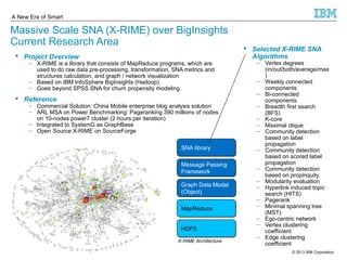 A New Era of Smart 
Massive Scale SNA (X-RIME) over BigInsights 
Current Research Area 
 Project Overview 
– X-RIME is a library that consists of MapReduce programs, which are 
used to do raw data pre-processing, transformation, SNA metrics and 
structures calculation, and graph / network visualization 
– Based on IBM InfoSphere BigInsights (Hadoop) 
– Goes beyond SPSS SNA for churn propensity modeling 
 Reference 
– Commercial Solution: China Mobile enterprise blog analysis solution 
– ARL MSA on Power Benchmarking: Pageranking 390 millions of nodes 
on 10-nodes power7 cluster (2 hours per iteration) 
– Integrated to SystemG as GraphBase 
– Open Source X-RIME on SourceForge 
 Selected X-RIME SNA 
Algorithms 
– Vertex degrees 
(in/out/both/average/max 
) 
– Weekly connected 
components 
– Bi-connected 
components 
– Breadth first search 
(BFS) 
– K-core 
– Maximal clique 
– Community detection 
based on label 
propagation 
– Community detection 
based on scored label 
propagation 
– Community detection 
based on propinquity 
– Modularity evaluation 
– Hyperlink induced topic 
search (HITS) 
– Pagerank 
– Minimal spanning tree 
(MST) 
– Ego-centric network 
– Vertex clustering 
coefficient 
– Edge clustering 
coefficient 
SSNNAA lliibbrraarryy 
Message Passing 
Framework 
Graph Data Model 
(Object) 
MMaappRReedduuccee 
HHDDFFSS 
X-RIME Architecture 
© 2013 32 IBM Corporation 
 