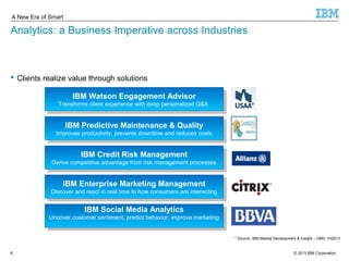 A New Era of Smart 
Analytics: a Business Imperative across Industries 
 Clients realize value through solutions 
* Source: IBM Market Development & Insight – GMV 1H2013 
IBM Watson Engagement Advisor 
IBM Watson Engagement Advisor 
Transforms client experience with deep personalized Q&A 
Transforms client experience with deep personalized Q&A 
IBM Predictive Maintenance & Quality 
IBM Predictive Maintenance & Quality 
Improves productivity, prevents downtime and reduces costs 
Improves productivity, prevents downtime and reduces costs 
IBM Credit Risk Management 
IBM Credit Risk Management 
Derive competitive advantage from risk management processes 
Derive competitive advantage from risk management processes 
IBM Enterprise Marketing Management 
IBM Enterprise Marketing Management 
Discover and react in real time to how consumers are interacting 
Discover and react in real time to how consumers are interacting 
IBM Social Media Analytics 
IBM Social Media Analytics 
Uncover customer sentiment, predict behavior, improve marketing 
Uncover customer sentiment, predict behavior, improve marketing 
© 2013 8 IBM Corporation 
 