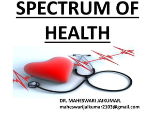 SPECTRUM OF
HEALTH
DR. MAHESWARI JAIKUMAR.
maheswarijaikumar2103@gmail.com
 