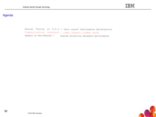 Software defined Storage Technology
Agenda
© 2016 IBM Corporation
92
Easier Tuning in 4.2.1
Communication Overhaul
Update on Non-Shared /
- ‘Auto scale’ Performance Optimization
– lower latency, higher scale
Shared directory metadata performance
 