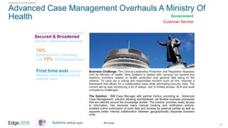 #ibmedge
Advanced Case Management Overhauls A Ministry Of
Health
13
Secured & Broadened
external collaborative user base
Enterprise Content Management
Business Challenge: The Clinical Leadership Protection and Regulation Business
Unit for Ministry of health, New Zealand is tasked with carrying out several key
statutory functions related to health protection and general well being of the
citizens. To carry out a critical and responsible function such as this, requires a
framework that allows for a collaborative base while eliminating security risks. The
current set up was introducing a lot of delays due to limited access, SLA and audit
compliance challenges
The Solution: IBM Case Manager with partner Certus, providing an Advanced
Case Management solution allowing standardized, yet flexible business processes
that are tailored around the knowledge worker. The solution provides ready access
to information, has removed many manual tracking and notification actions,
enabled online submission of audit data and reviews by external parties as well as
supports better internal collaboration between geographically disparate business
units.
10%
Expected drop in Operating
cost;15% in Productivity Gains
First time ever that the
Ministry could open access to
external users
Government
Customer Service
 
