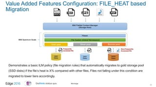 #ibmedge
Value Added Features Configuration: FILE_HEAT based
Migration
22
Demonstrates a basic ILM policy (file migration rules) that automatically migrates to gold storage pool
(SSD disks) if the file’s heat is X% compared with other files. Files not falling under this condition are
migrated to lower tiers accordingly.
 
