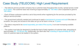 #ibmedge
Case Study (TELECOM): High Level Requirement
• - The telecom service provider company has a customer base throughout the country, spread across a total
of 23 states. The customer base was hovering at approximately 85 - 90 million and is expected to grew to
160 million.
• - Each of these customers submits a set of documents when registering for the services provided by the
telecom service provider.
• - The government authority needed and continues to need a mechanism to access and audit this data on
occasion; the query and access to this data can go as far back in time as 15 years.
• - The data is required to be stored separately, per state of the country, in an ever-increasing scalable
platform.
• - The system must also be designed to handle the load of daily ingestion of customer data, amounting to
approximately 50 - 70 GB per day. Additionally, the client also has a backlog of approximately 80 TB or
more of customer data to be loaded in the system.
25
 