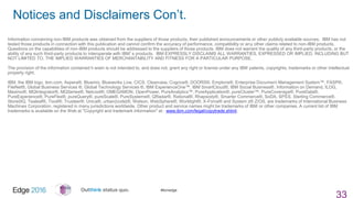 #ibmedge
Notices and Disclaimers Con’t.
33
Information concerning non-IBM products was obtained from the suppliers of those products, their published announcements or other publicly available sources. IBM has not
tested those products in connection with this publication and cannot confirm the accuracy of performance, compatibility or any other claims related to non-IBM products.
Questions on the capabilities of non-IBM products should be addressed to the suppliers of those products. IBM does not warrant the quality of any third-party products, or the
ability of any such third-party products to interoperate with IBM’s products. IBM EXPRESSLY DISCLAIMS ALL WARRANTIES, EXPRESSED OR IMPLIED, INCLUDING BUT
NOT LIMITED TO, THE IMPLIED WARRANTIES OF MERCHANTABILITY AND FITNESS FOR A PARTICULAR PURPOSE.
The provision of the information contained h erein is not intended to, and does not, grant any right or license under any IBM patents, copyrights, trademarks or other intellectual
property right.
IBM, the IBM logo, ibm.com, Aspera®, Bluemix, Blueworks Live, CICS, Clearcase, Cognos®, DOORS®, Emptoris®, Enterprise Document Management System™, FASP®,
FileNet®, Global Business Services ®, Global Technology Services ®, IBM ExperienceOne™, IBM SmartCloud®, IBM Social Business®, Information on Demand, ILOG,
Maximo®, MQIntegrator®, MQSeries®, Netcool®, OMEGAMON, OpenPower, PureAnalytics™, PureApplication®, pureCluster™, PureCoverage®, PureData®,
PureExperience®, PureFlex®, pureQuery®, pureScale®, PureSystems®, QRadar®, Rational®, Rhapsody®, Smarter Commerce®, SoDA, SPSS, Sterling Commerce®,
StoredIQ, Tealeaf®, Tivoli®, Trusteer®, Unica®, urban{code}®, Watson, WebSphere®, Worklight®, X-Force® and System z® Z/OS, are trademarks of International Business
Machines Corporation, registered in many jurisdictions worldwide. Other product and service names might be trademarks of IBM or other companies. A current list of IBM
trademarks is available on the Web at "Copyright and trademark information" at: www.ibm.com/legal/copytrade.shtml.
 